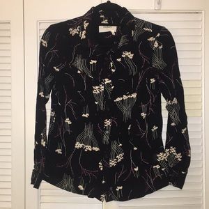 Black Button-down Blouse with Floral Pattern